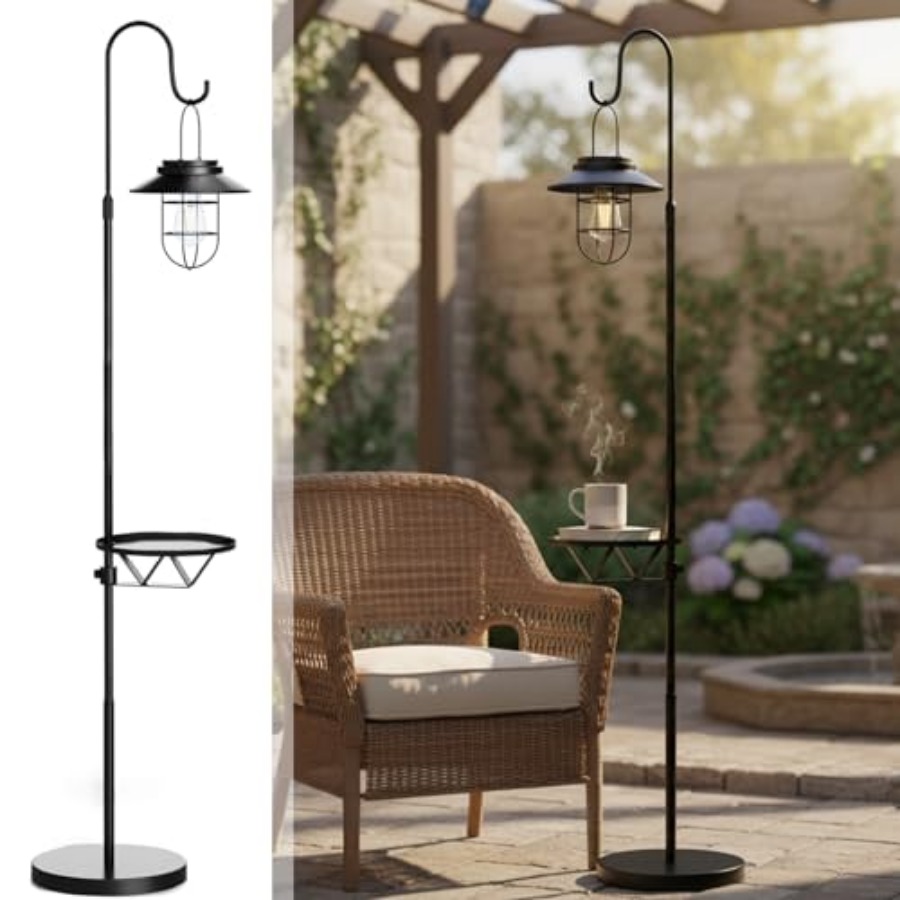 Outdoor Lighting Waterproof - โคมไฟตั้งพื้นพลังงานแสงอาทิตย์พร้อมโต๊ะ, ตะขอแขวนกลางแจ้งขนาด 60 นิ้ว พร้อมไฟโซลาร์กันน้ำ โต๊ะข้างโลหะสำหรับลานบ้าน,