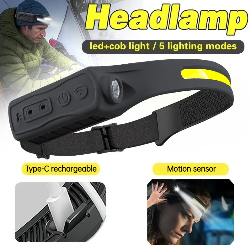 Outdoor Lighting Sensor - ไฟฉายคาดศีรษะเซ็นเซอร์ LED COB อันทรงพลังแบบชาร์จไฟได้ 5 โหมดแสงไฟฉายคาดศีรษะสำหรับตกปลากลางแจ้งตั้งแคมป์