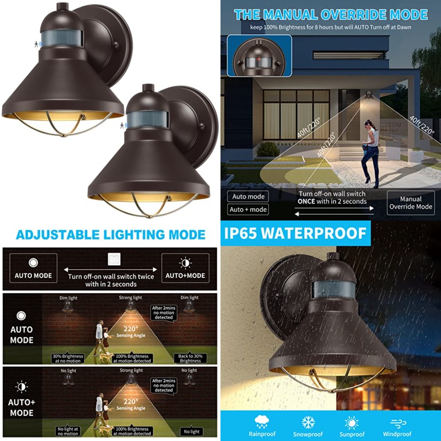 Outdoor Lighting Led Fixtures - ไฟติดผนัง LED แบบเซ็นเซอร์ตรวจจับความเคลื่อนไหว 2 ชิ้น สำหรับภายนอกอาคาร
