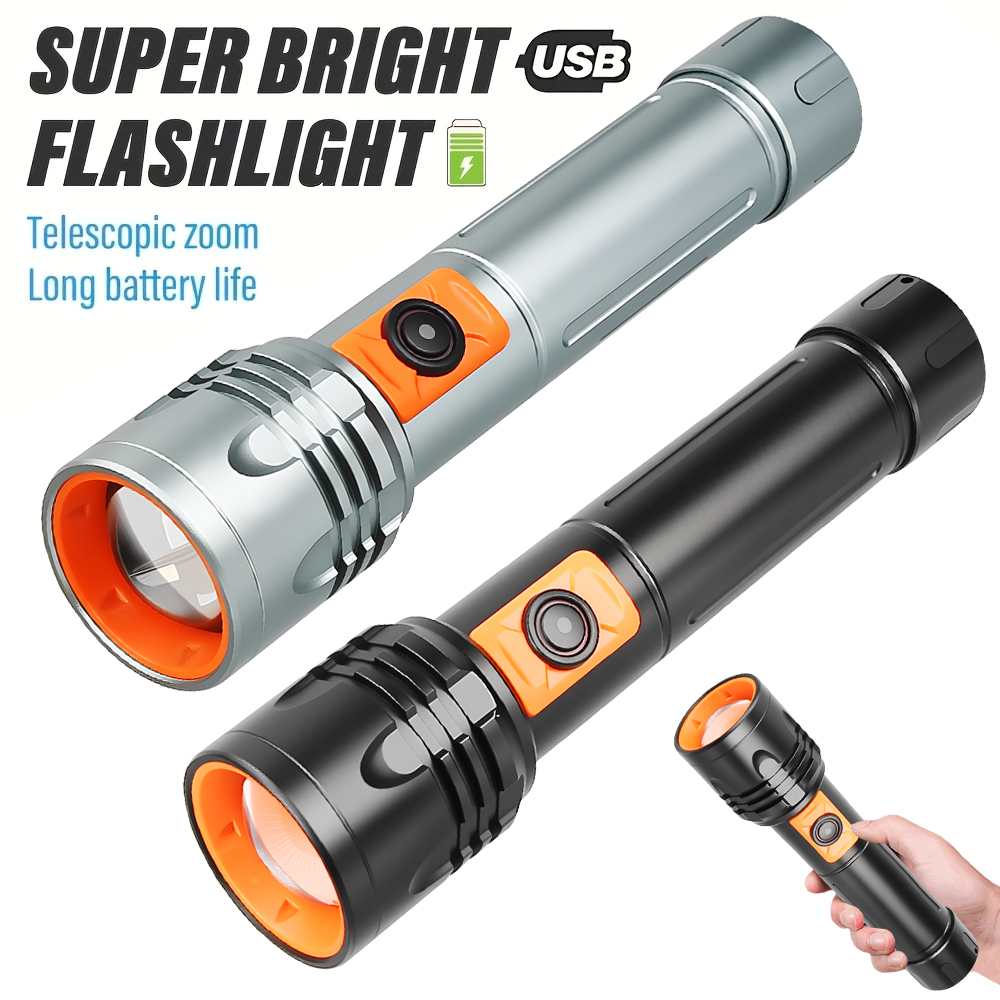 Outdoor Lighting Usb - ไฟฉาย LED พลังงานสูงไฟฉายแบบชาร์จไฟได้ USB พร้อมซูมแบบยืดไสลด์โคมไฟยุทธวิธีซุปเปอร์ไบรท์สำหรับตกปลาตั้งแคมป์กลางแจ้ง