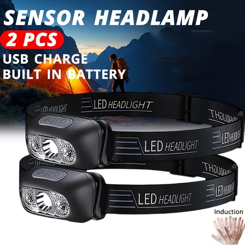 Outdoor Lighting Sensor - ไฟฉายคาดศีรษะแบบพกพา LED เซนเซอร์ ไฟฉายคาดศีรษะแบบชาร์จไฟได้ USB-C ไฟฉายคาดศีรษะสำหรับตั้งแคมป์กลางแจ้ง