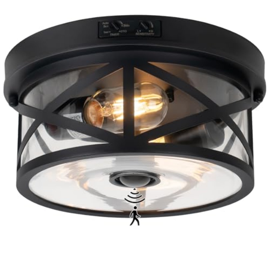 Outdoor Lighting Sensor - ไฟเพดานกลางแจ้งแบบมีเซ็นเซอร์ตรวจจับความเคลื่อนไหว, โคมไฟติดเพดานแบบปรับได้สีดำ, ไฟระเบียงกลางแจ้ง 2 ดวง, กระจกใส