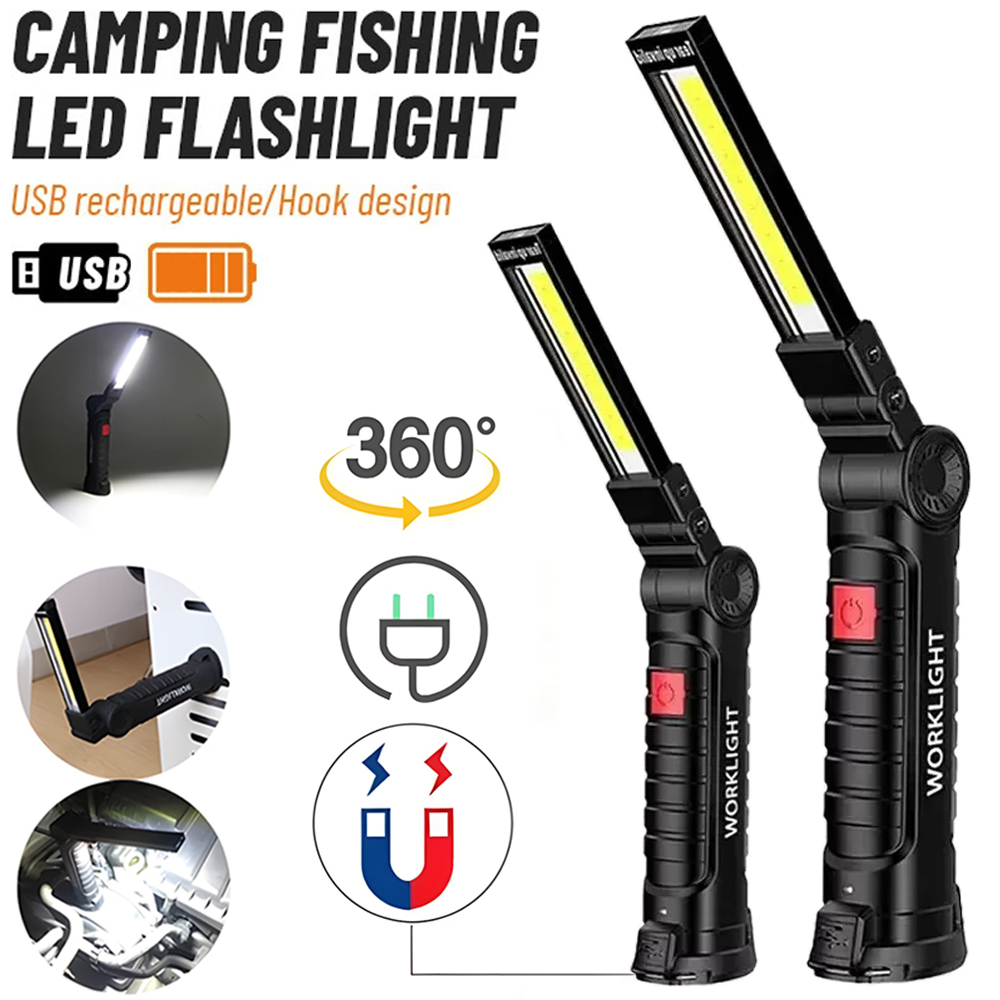 Outdoor Lighting Types - ไฟฉาย LED COB แบบชาร์จไฟได้ผ่าน USB พร้อมแม่เหล็กและตะขอ